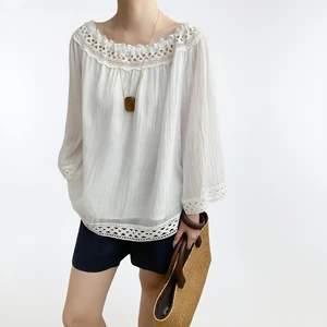 Custom Women's  Top-White Off-Shoulder Blouse with Lace Trim, Loose Fit