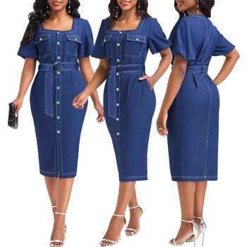 Hot Sale Spring Autumn Womens Casual Dresses Button Up Belted Long Sleeve Bodycon Knee-length Denim Dress