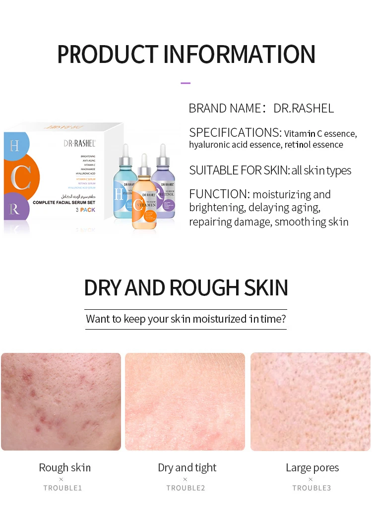 Dr Rashel Skin Care Brightening Anti Aging Whitening Moisturizing Hyaluronic Acid Retinol Vitamin C Face Serum Set 3pcs
