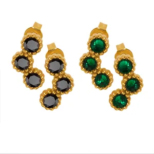 2023 New Fashion Wedding Gift Bezel Setting 18K Gold Plated Stainless Steel Tarnish Jewelry Black Green Zircon Stud Earrings
