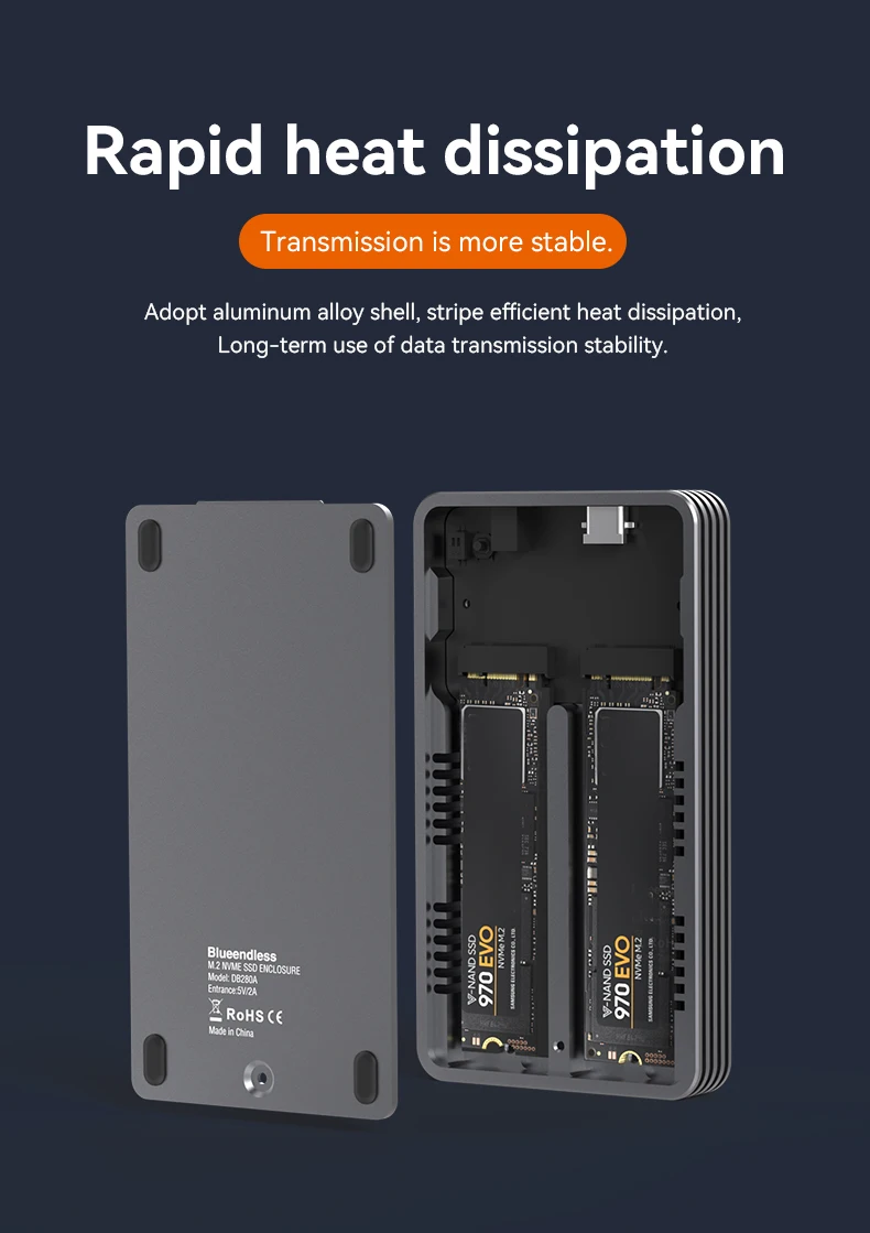 2 Bay Raid Nvme Enclosure For External M2 Solid State Drive Usb3.2