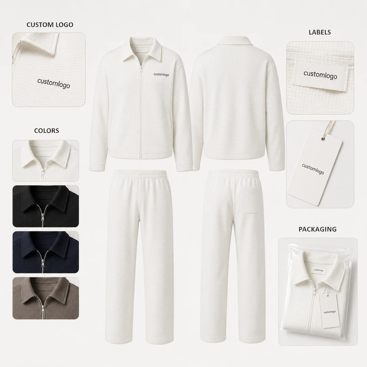 Knit FabricSet Waffle Knit Zip Jacket and Pants for Casual men's wear 2 Piece thumbnail