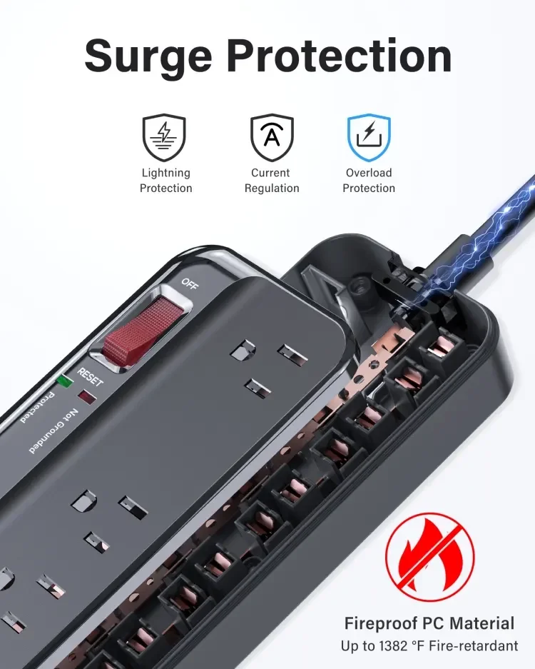 LDNIO SU8440 15A Surge Protector with 8 Outlets and 4 USB Ports Flat Plug Extension Cord for Home Office USA Power Strip