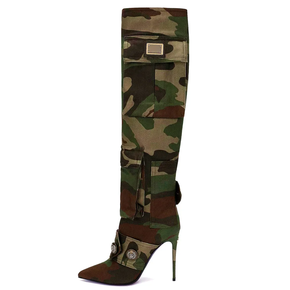New Styles Camouflage Cloth Boots High Heel Fashion Large Size With Belt Women Over The Knee Boots - Image 6