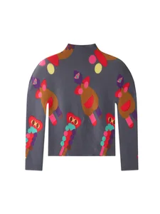 Miyake Elegant Printed Long-sleeved Stand Collar Polyester Loose-type Slimming All-match T-shirt Women's Spring New