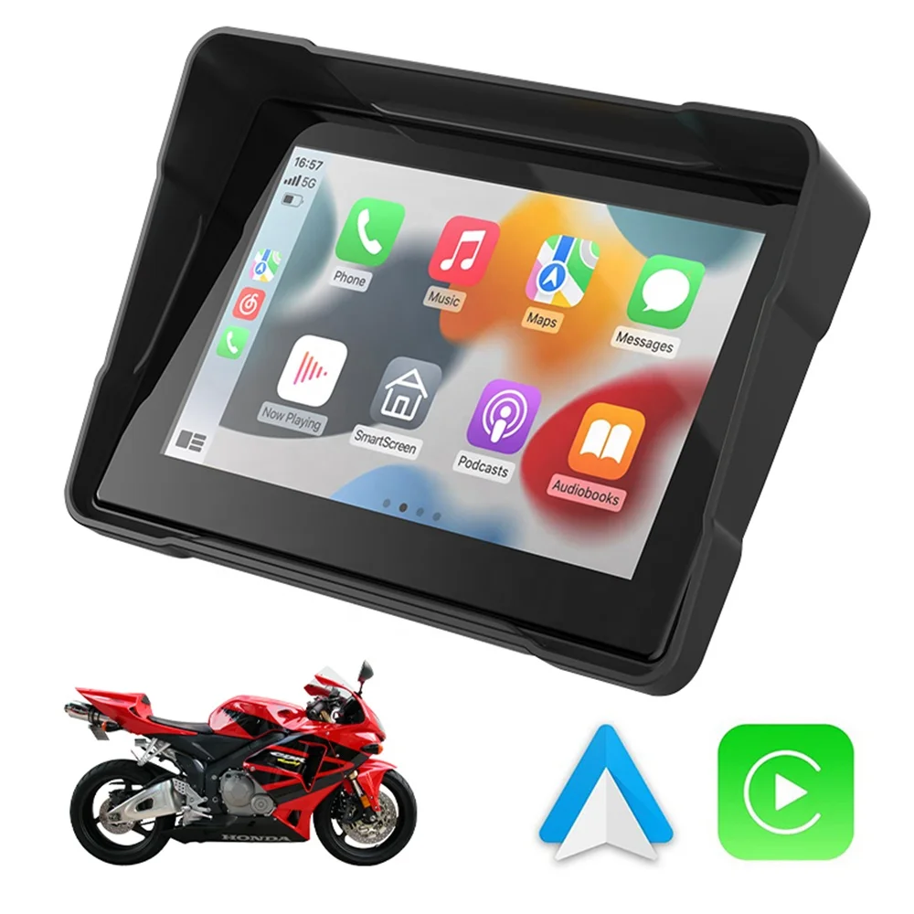 TIYPEOR 5 Inch Motorcycle CarPlay Android Auto Navigation Monitor IPS Screen Portable Waterproof Display AUX Bluetooth SD Card
