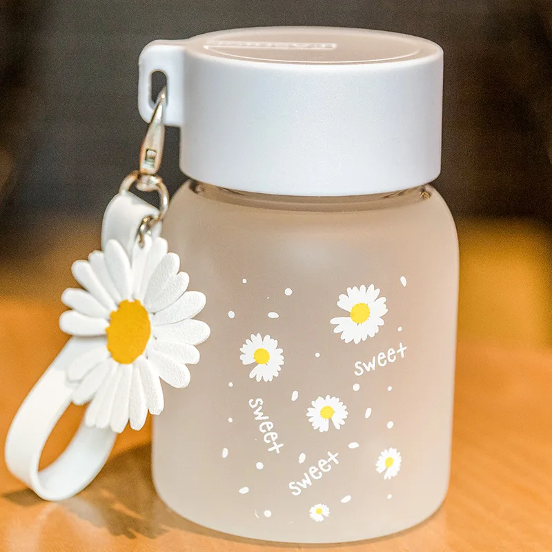 350ml Heat Resistant Small Daisy Frosted High Borosilicate Glass Juice Water Bottles With Portable Rope Travel Tea Cup