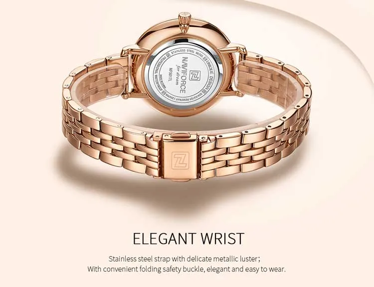 Naviforce NF5017 Elegant China Lady Quartz Watch Stylish Stainless Steel Band Waterprooffloral Design Simple Casual Wristwatch