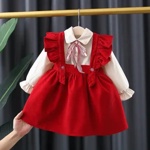 2026 Spring Autumn Factory Korean Kids Clothes Sets Long Sleeve Bow Shirt Suspender Dress Two Piece Clothing Girls