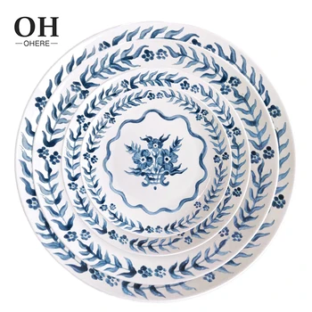 Hand-painted Style Ceramic Plate Set Wholesale Porcelain Art Charger Plate Simple Blue Flower Decal Bone China Plate Set