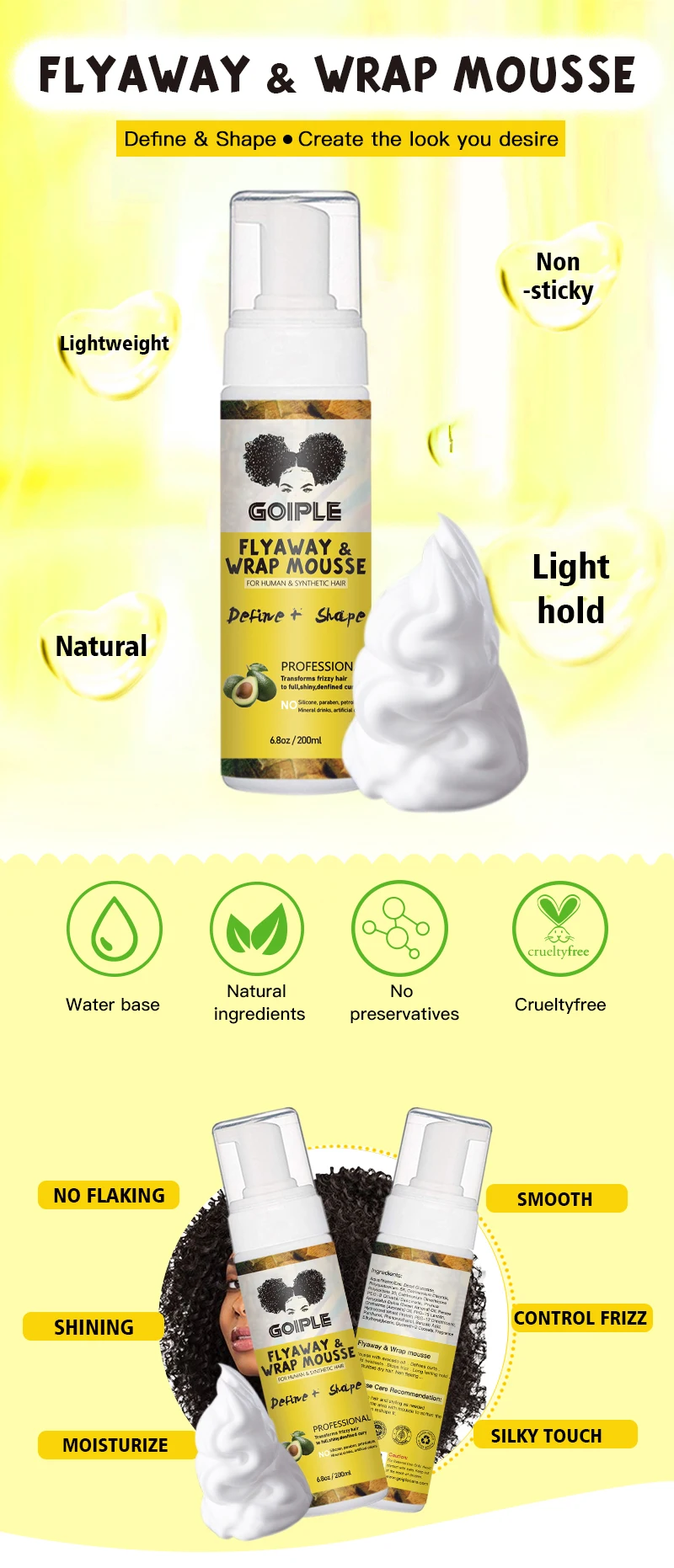 Alcohol Free Curly Hair Foaming Mousse Holding Hair Mousse Styling Foam