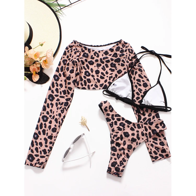 2023 New Three Piece Sexy Bikini Leopard Print Triangle Long Sleeve Swimwear Buy Leopard Print 2714