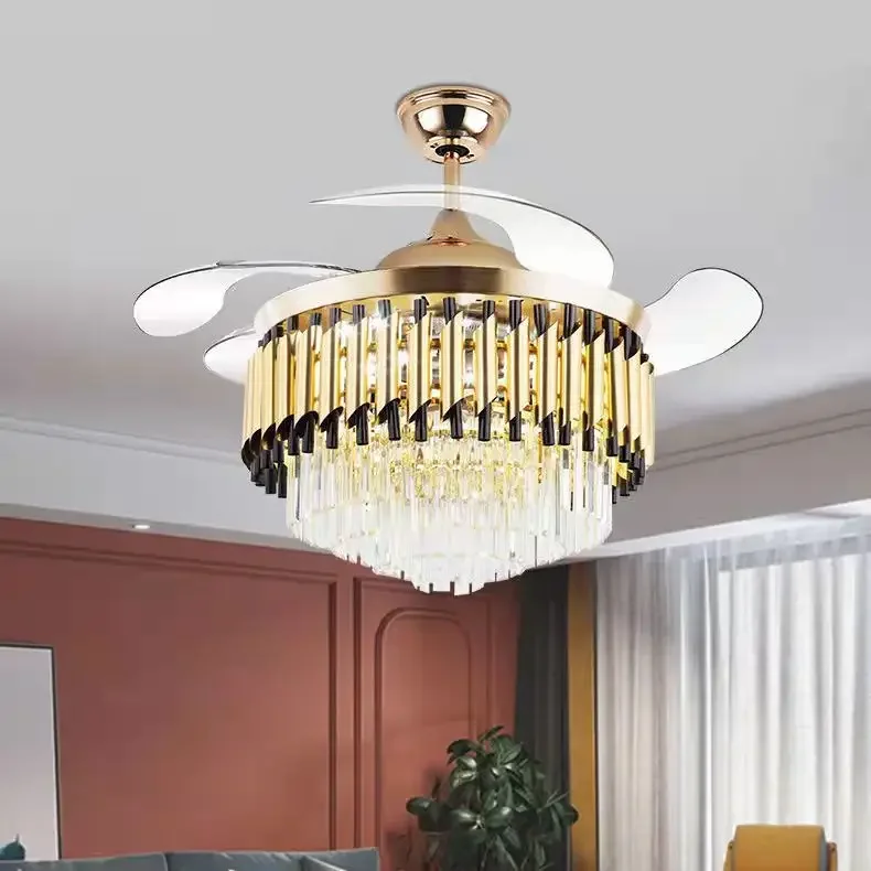 Quạt trần pha lê có đèn và điều khiển từ xa, kiểu dáng hiện đại có thể điều chỉnh độ sáng, thiết kế fandelier cánh thu ẩn, màu vàng dành cho phòng ngủ và phòng khách