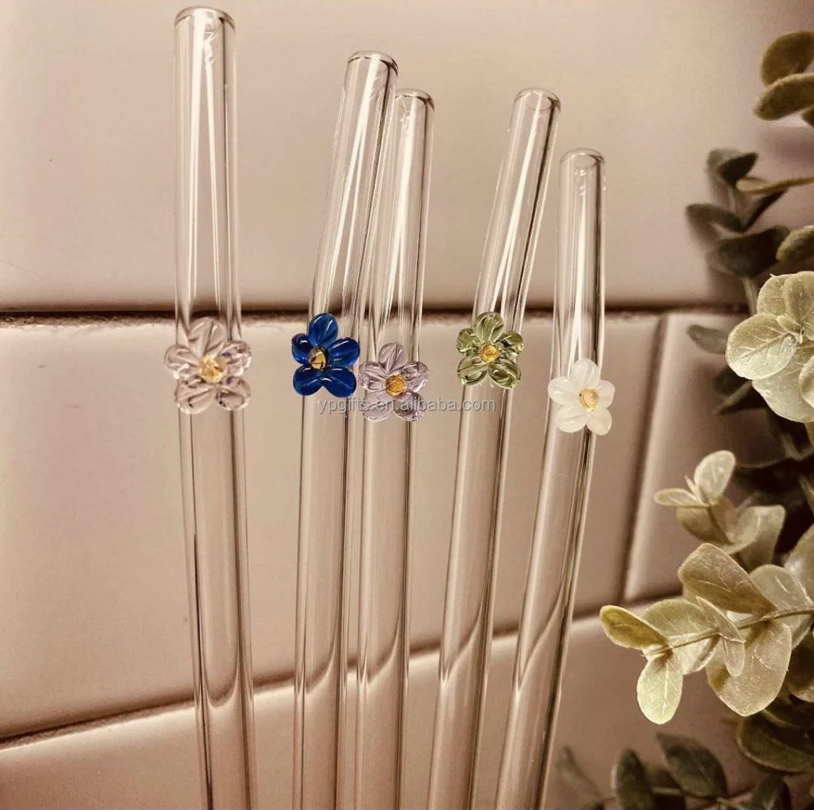Multicolor Reusable Glass Straws With Flower Butterfly Turtle Design On