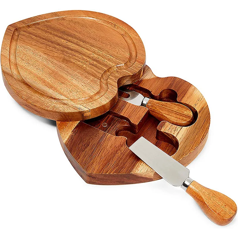 Wooden Heart Cheese Board Set Stainless Steel Knife Cheese Cutting Board Cutlery Cutting Board