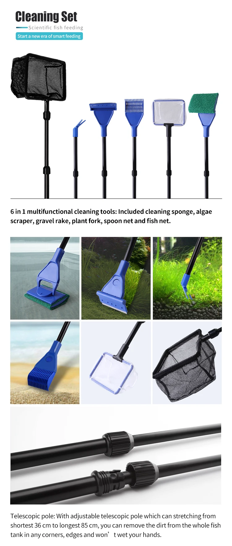 6 In 1 Telescopic Aquarium Cleaning Tools Aquatic Pet Cleaner Kit For