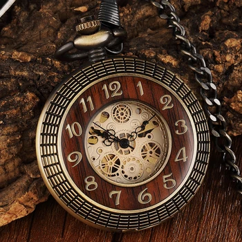 High Quality Vintage Roman Numerals Between Wooden Clamshell Hollowed Out High-End Mechanical Pocket Watch