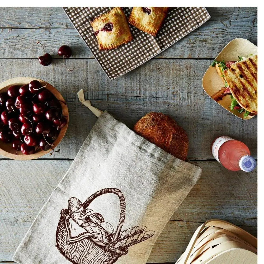 B097 Natural Custom Linen Storage Bread Food Bag for Groercy Printed Reusable Organic Cotton Drawstring Linen Bread Bag Supplier