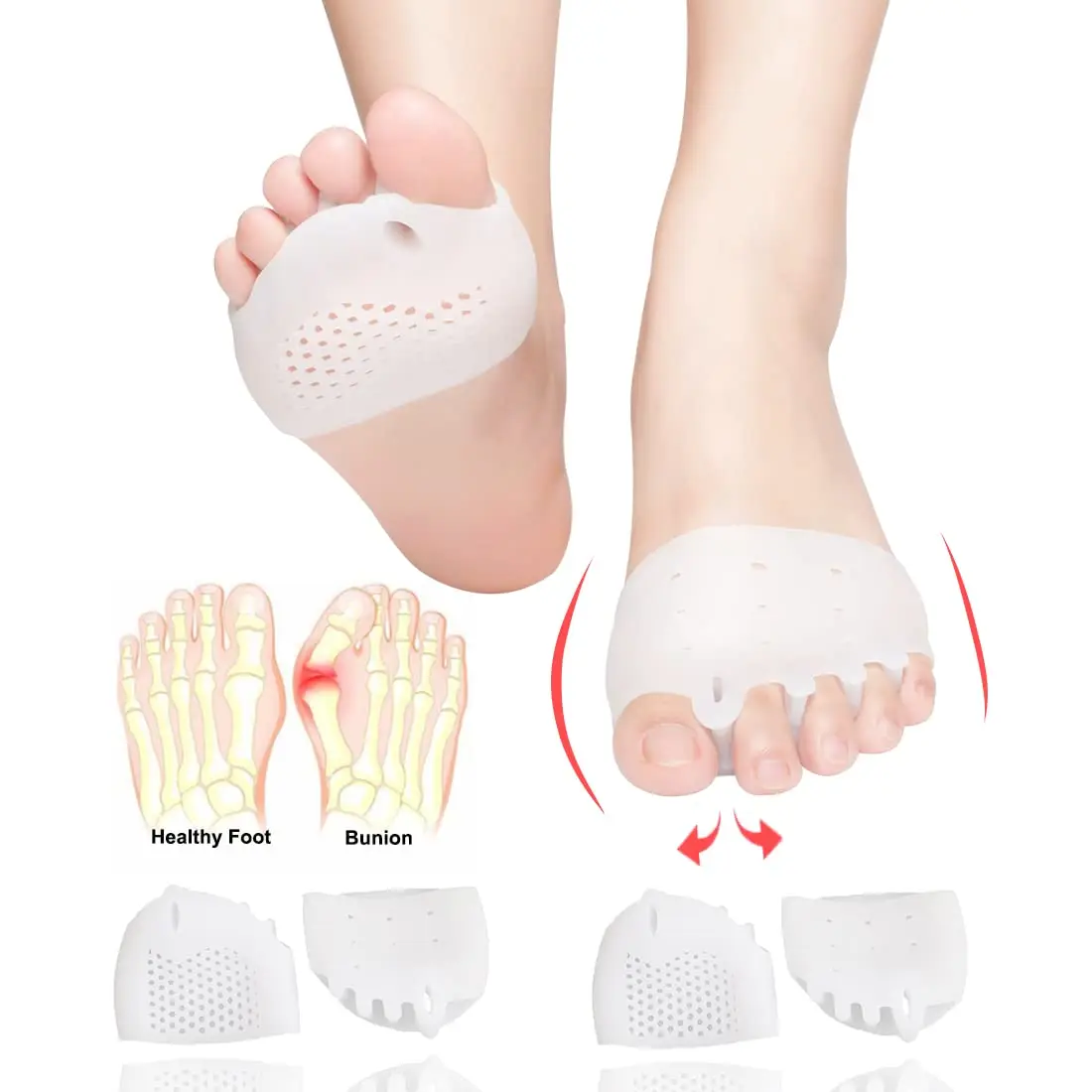 Soft Breathable SEBS Metatarsal Foot Pain Relief and Thumb Valgus Toe Separators Spacers Bunion Corrector Forefoot Pad
