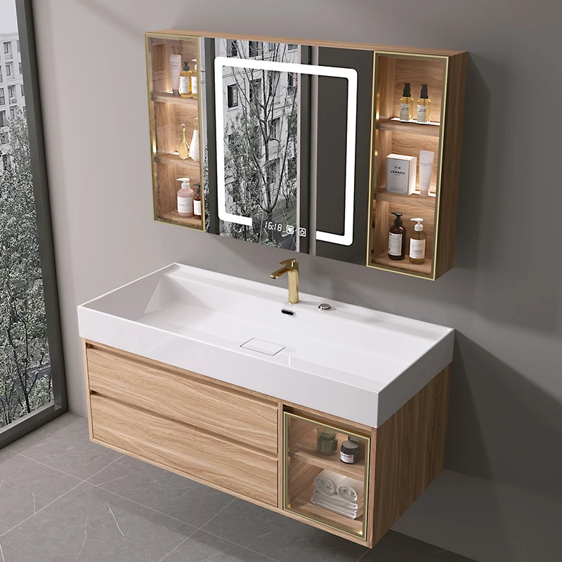 Custom Wall Mounted Bathroom Wash Basin Vanity Wood Color Furniture 