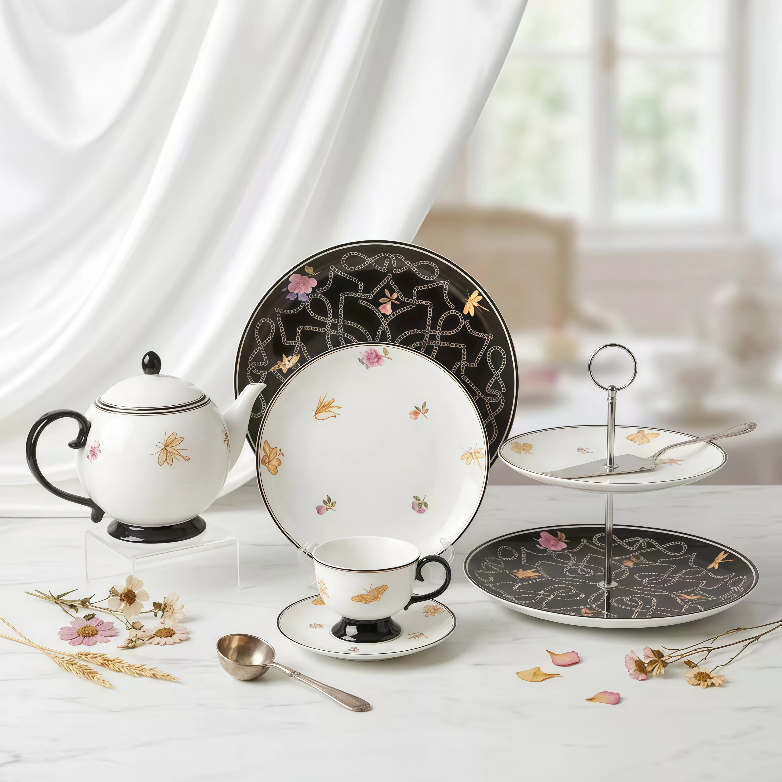 Luksusowy porcelanowy zestaw herbatniczy z motylkami i kwiatami z czarną obręczą i akcentami złota, elegancka ceramika stołowa do użytku domowego i jako prezent