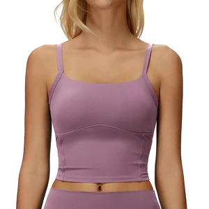 Women's Lightweight Solid Breathable Four-Way Stretch SMART FABRIC Square Neck Cross-Back Front Logo Spandex/Nylon Running Top