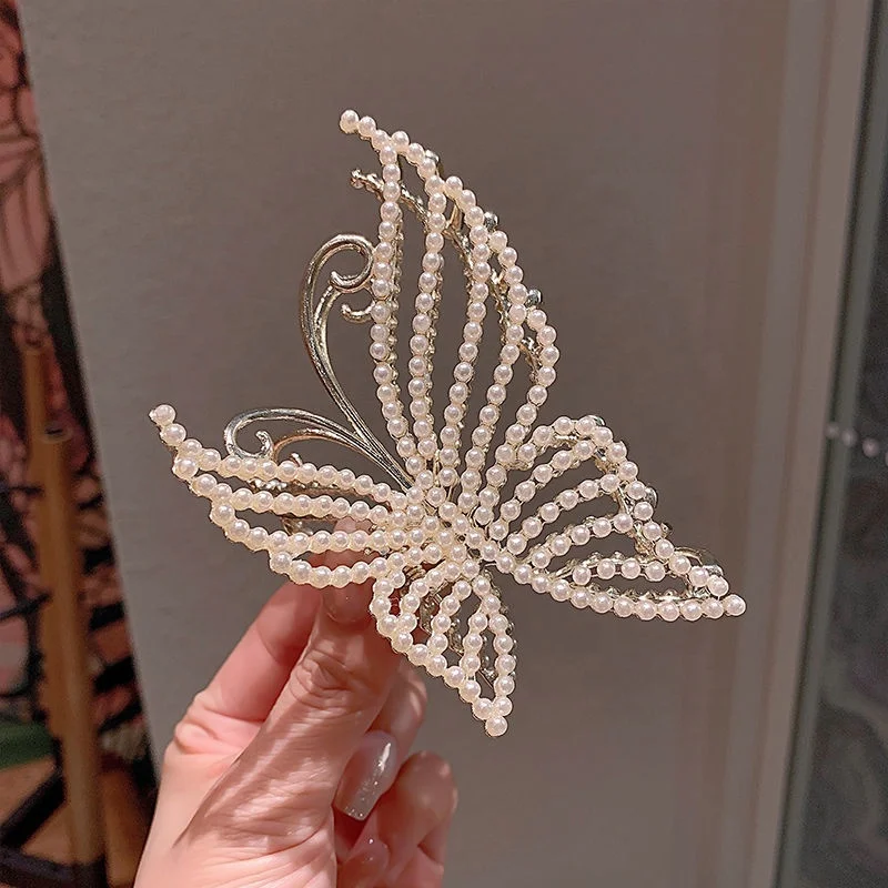 Large butterfly Alloy Grip Female Hairpin Back Head New Pearl Rhinestone Shark Clip Archers Brand Fashion 2024