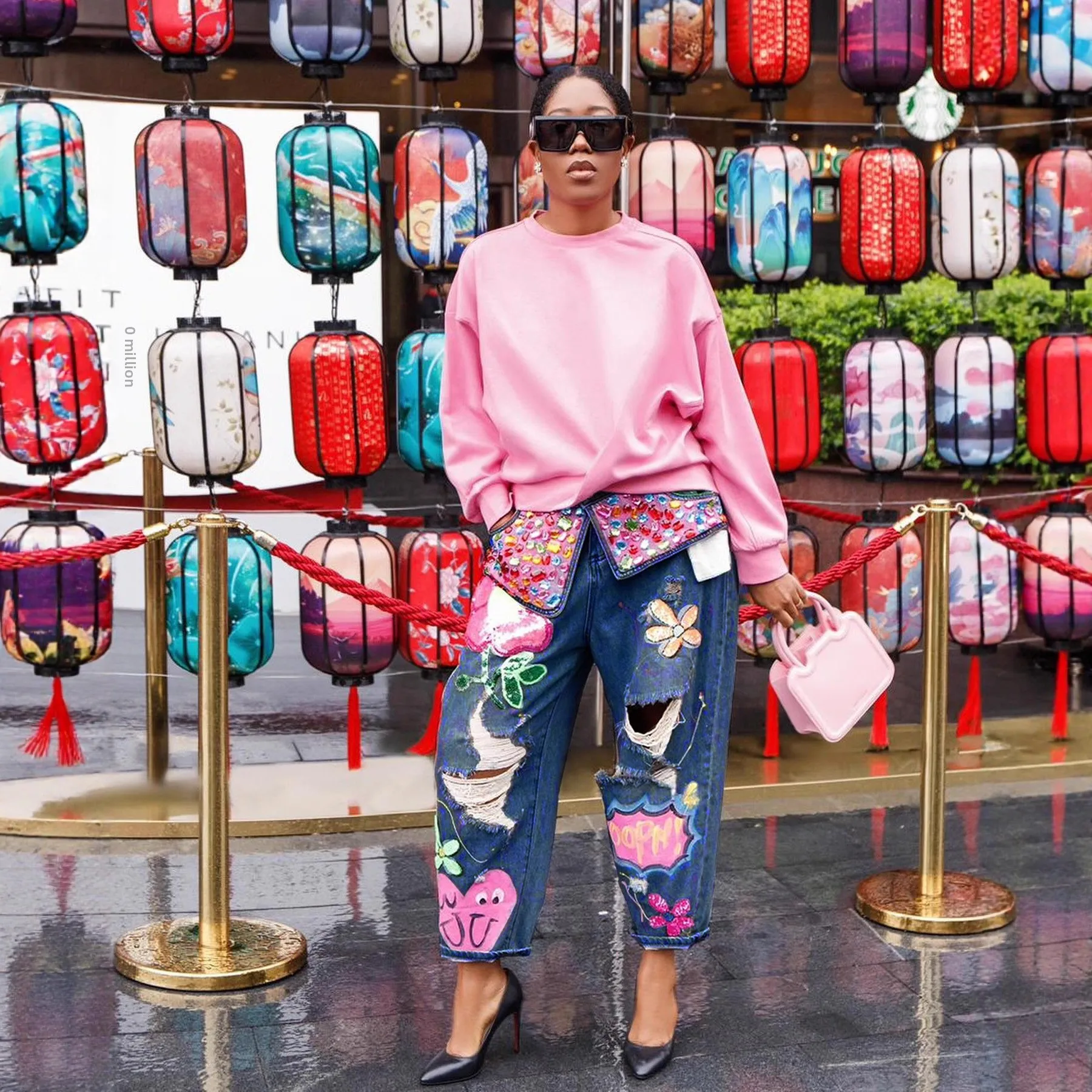 Women's Streetwear Spring Hotfix Rhinestone Embellished Printed Ripped Denim Jeans