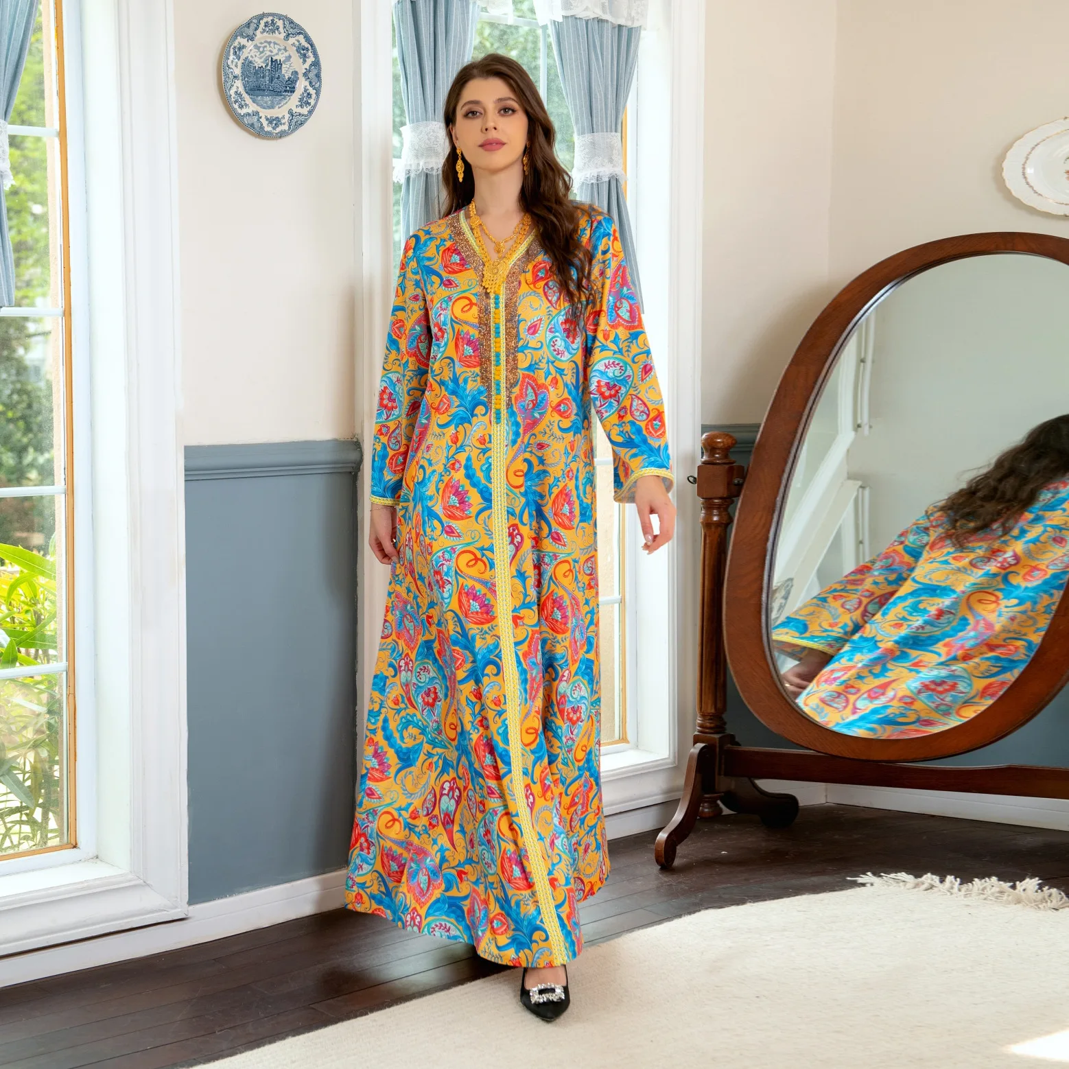 AB305 Moroccan Ramadan Turkish Casual Floral Print Dresses for Womens Home  Gold Ironed Diamond Long Robe Dress