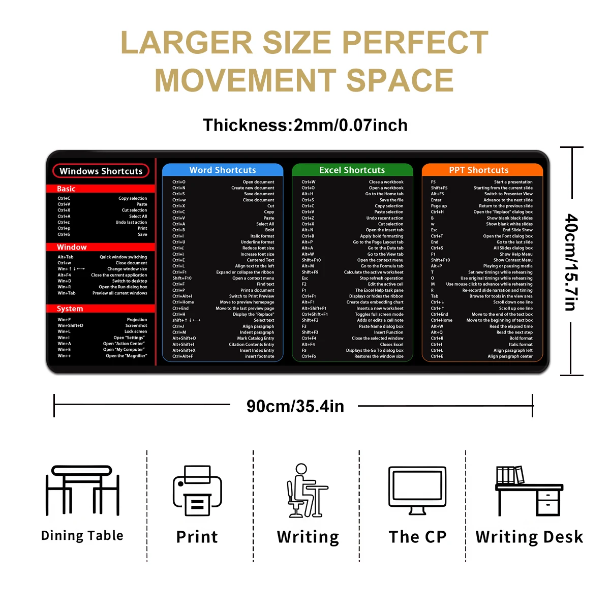 Windows Shortcuts Muismat, Extra Large Size Toetsenbord Shortcut Mat