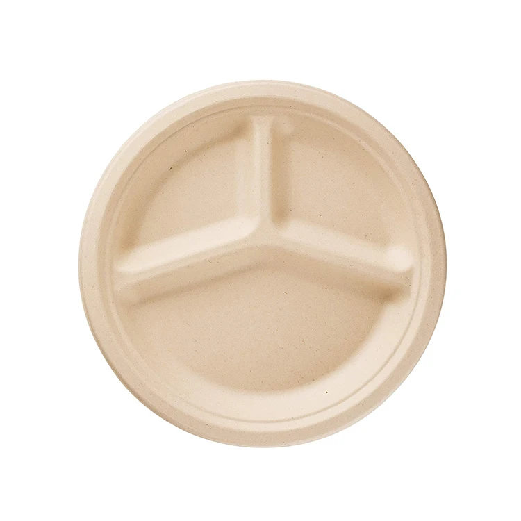 Restaurant Leakproof Compostable Sugarcane Round Pulp Plate Disposable Bagasse Plate