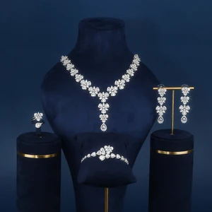 Customizable 4-Piece Copper Zircon Jewelry Set Classic Fashionable Daily Wear Women Rhodium Plated Brass Engagement Wedding