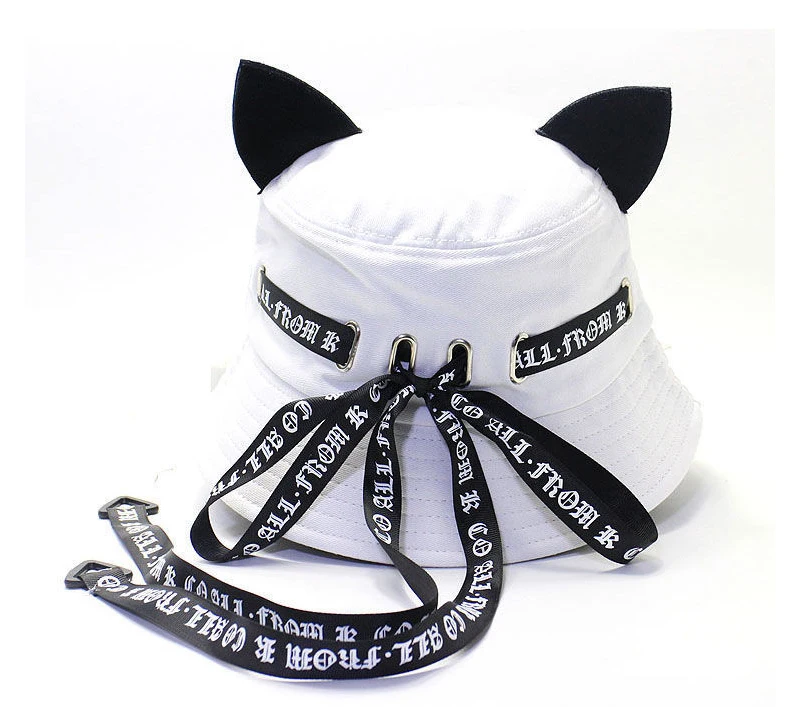 Korean Fashion Alphabet Long Silk Ribbon Sunscreen Bucket Hats with Cat Ears Foldable Cotton Fisherman Cap