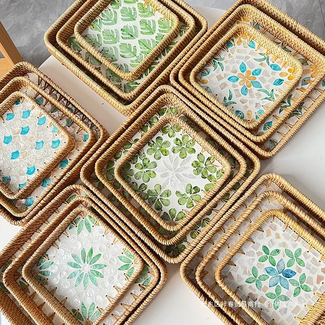 Natural Rattan Pearl Serving Tray Hand Woven Fruit Basket Storage Organizer for Home Décor Boho Style