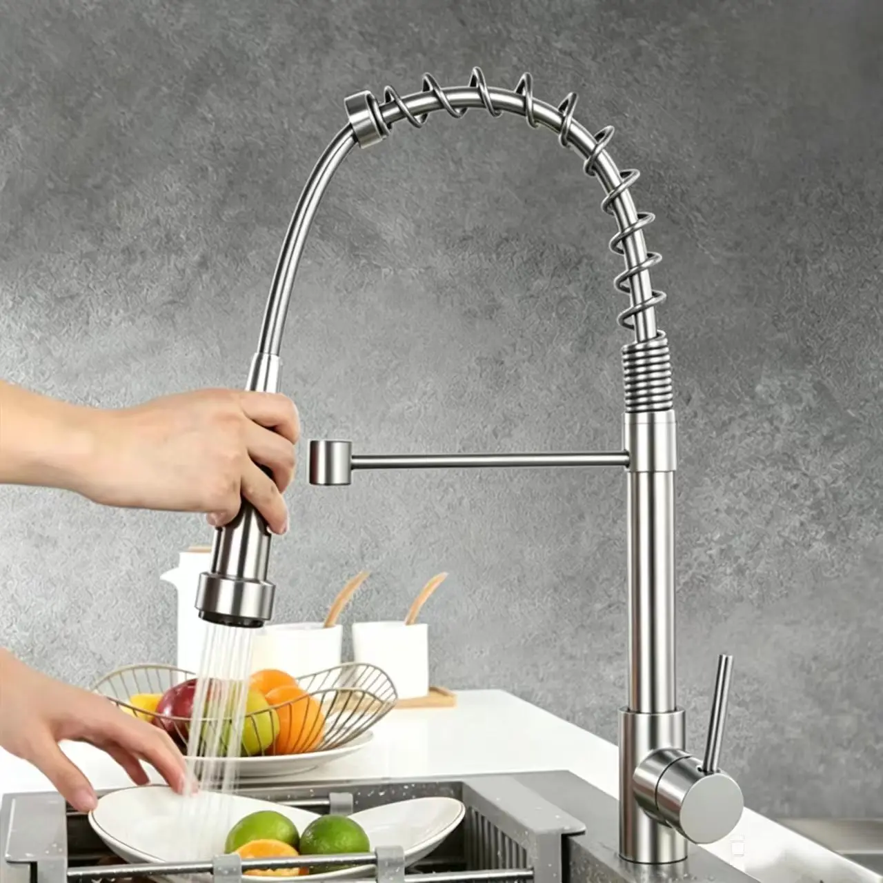 Versatile Kitchen Faucet Detail Single handle sink mixer with pull-down spray function