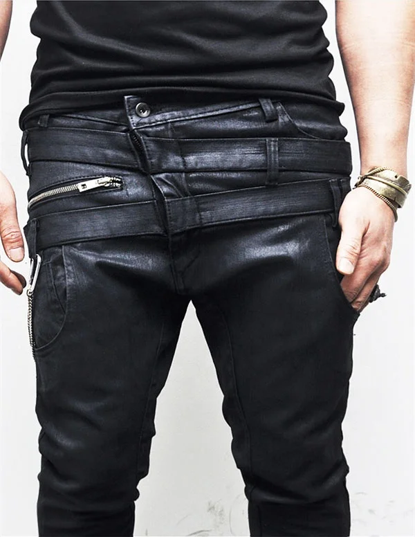 Double Belt Crotch Wax Coated Mens Black Skinny Denim Biker Jeans