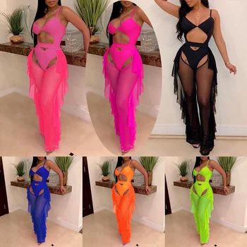 Plus Size Women Sheer Swim Suit Ruffle String Bikini Mesh Cut Out Cover Up High Waist One Piece Swimsuits With Trunks To Match