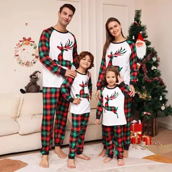 A241 Christmas parent-child loungewear, plaid deer print crew neck pajama set