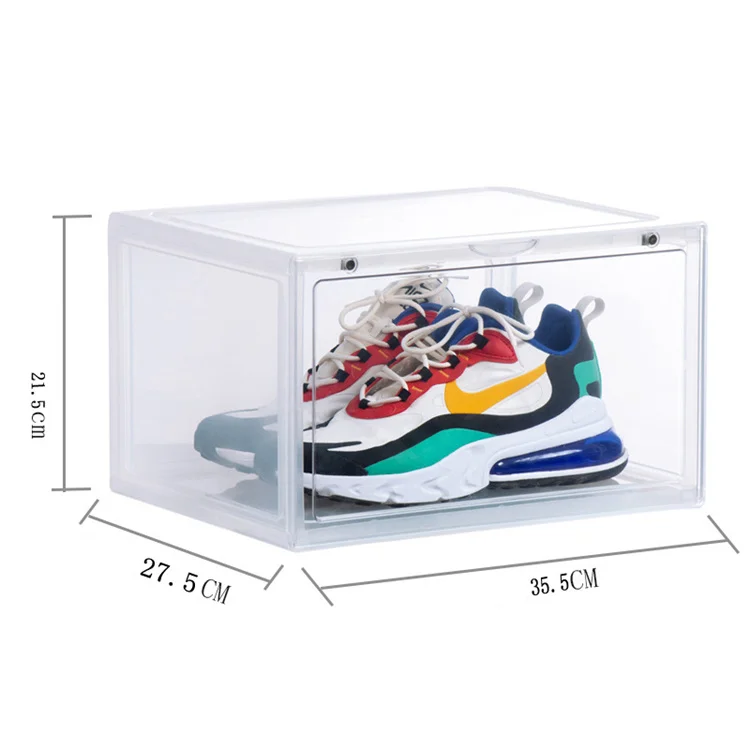 Transparent plastic stackable shoe storage boxes containers drop front
