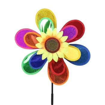 Wholesale Hot Sale Double sunflower Plastic Rainbow Solar Flower Windmill For Garden Decoration