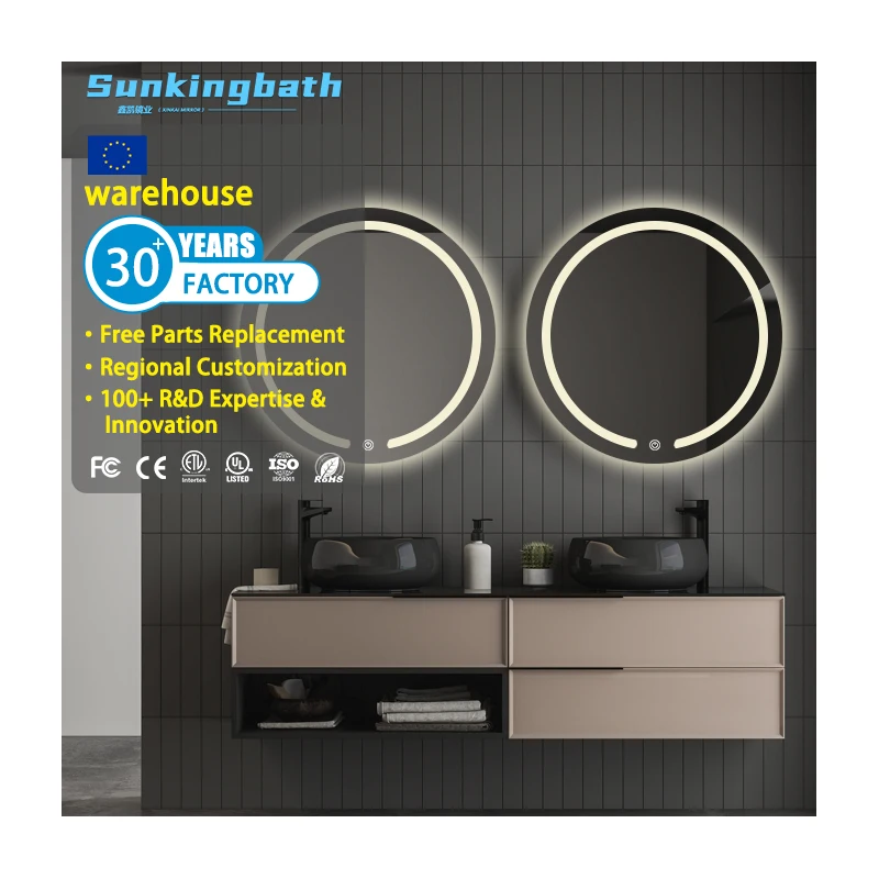 Double Touch Switch Smart Bathroom Mirror Makeup Mirror Led Three-Color Light Strip Wall Mount Bath Mirrors