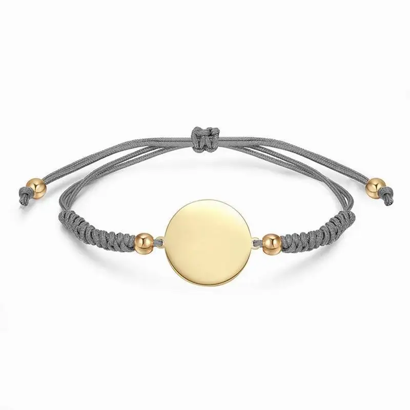 Waterproof Stainless Steel Blank Bracelets for Laser Engraving Fashion 18K Gold Disc Charm String Braided Adjustable Bracelets