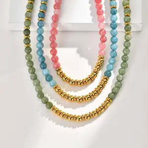 Women's Summer Beach Boho Colorful Beaded Necklace Gemstone Green Beaded Chain Necklace