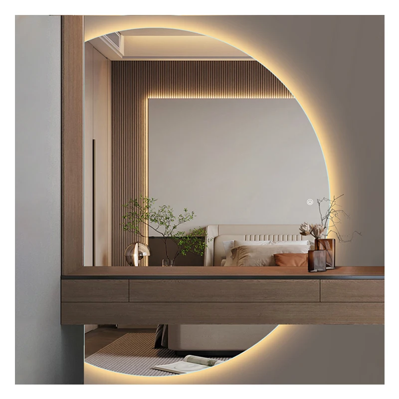 Touch Screen Bath Decorative Wall Mounted Led Backlit Mirror Round Half Moon Smart Bathroom Mirror