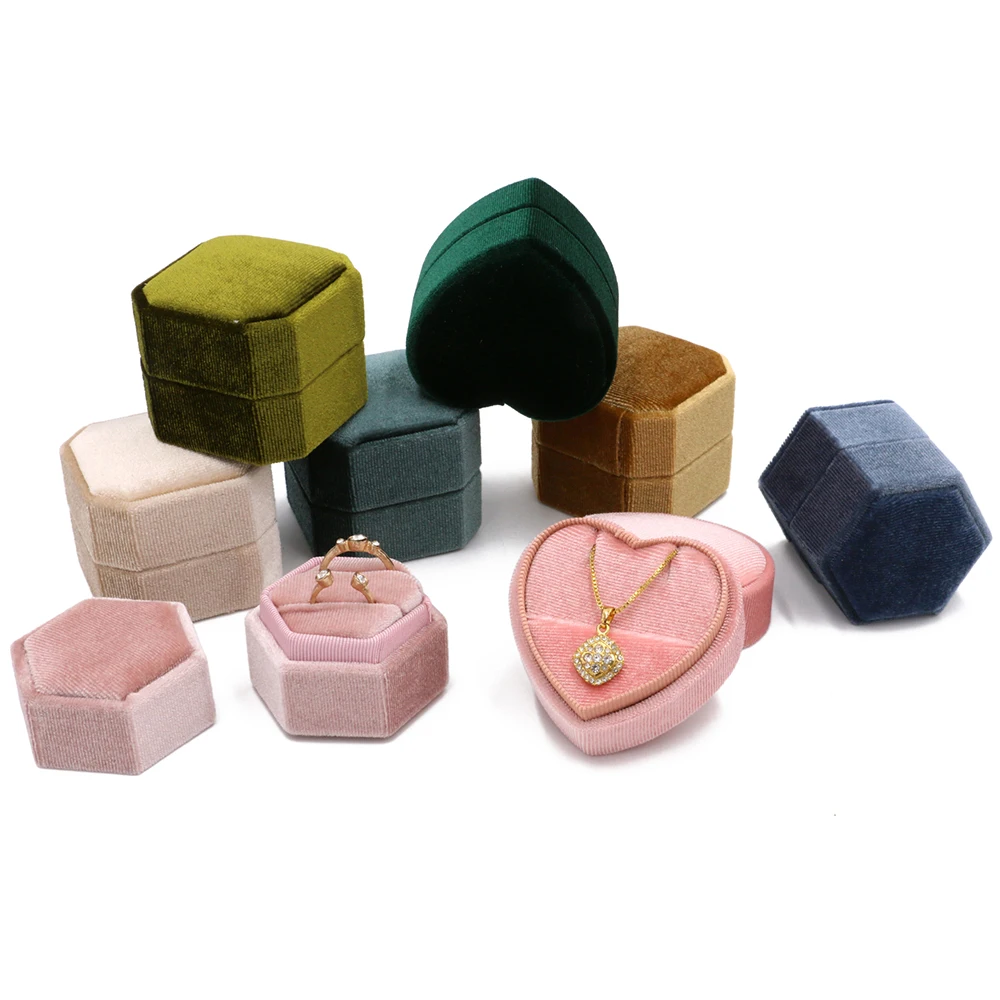 Couple Ring Packaging Box Small Hexagon Heart Engagement Velvet Ring Boxes