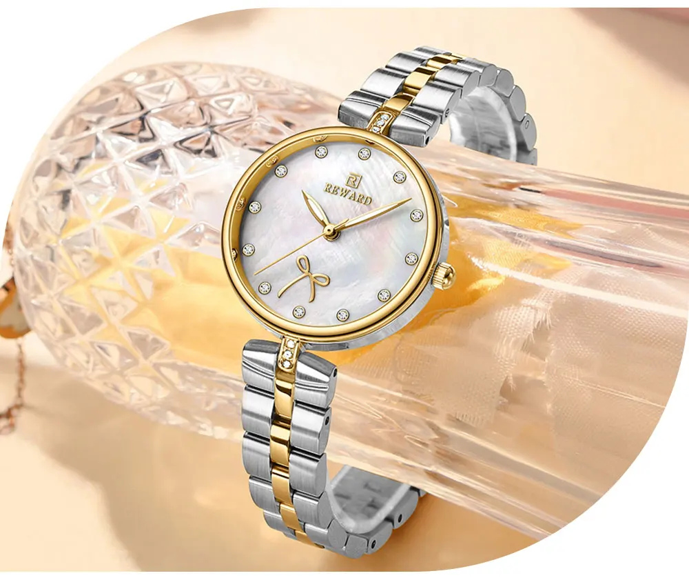 REWARD New Simple Thin Quartz Watches for Women Shell Dial with Rhinestones Clock Female Stainless Steel Band Wristwatch