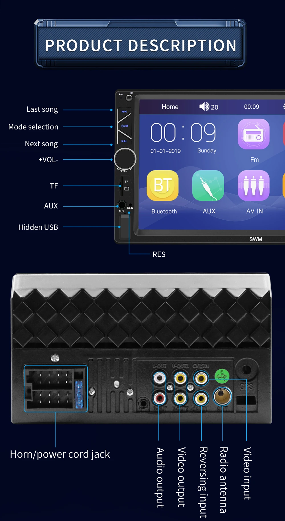 Bestree auto electronics USB charging 7 inch double din car stereo mp5 player auto stereo audio radio music player