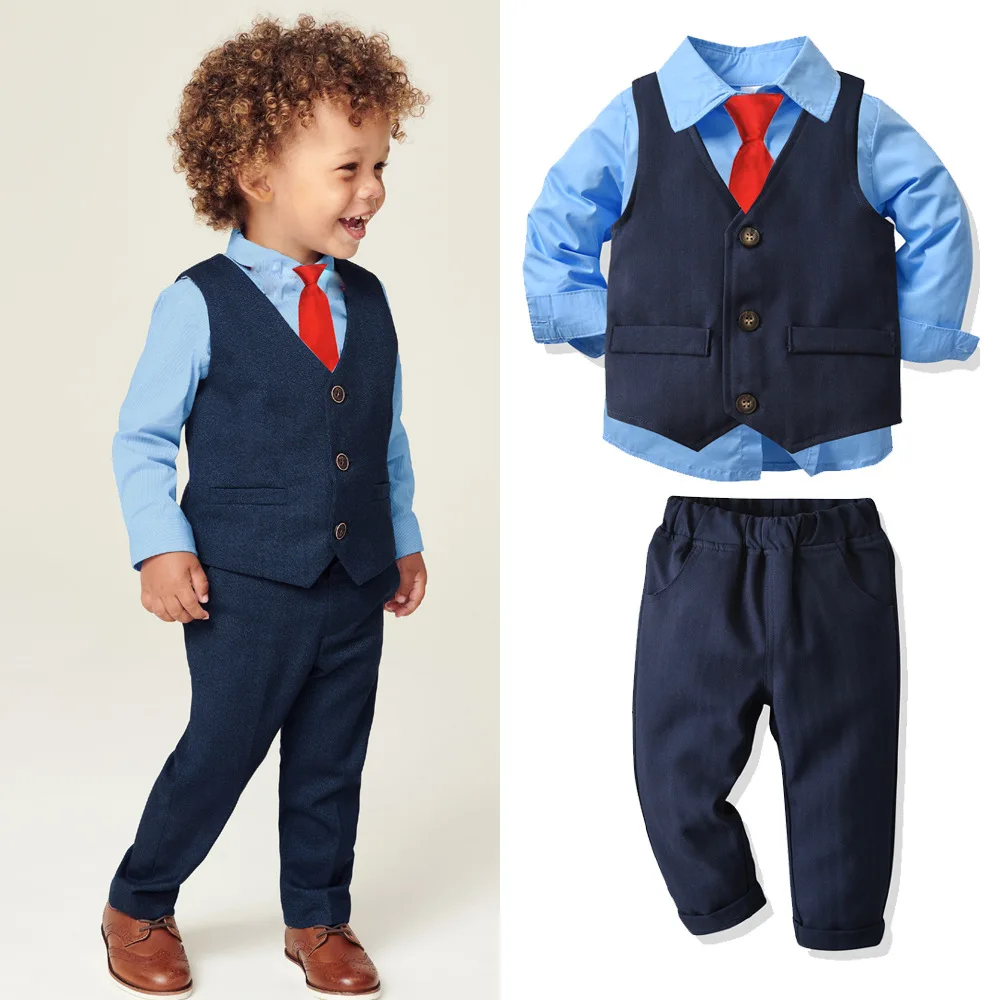 Navy Striped Vest + Blue Long Sleeve Shirt With Tie + Pants 4 Pcs Festival  Perform Dress Kids Outfit Boy Formal Suit Set - Buy Handsome Boy  Set,Children Formal Suit,Boy Vest Set