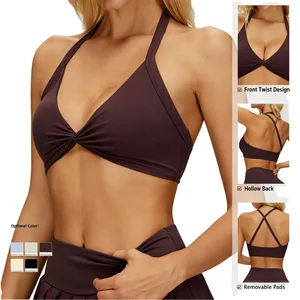 Nude-feeling High Support Breathable Eco-Friendly Halter Yoga Bra Beautiful Back Seamless Front Logo Backless Design for Women