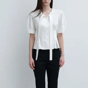 Clothing Manufacturers Custom Spring Summer Autumn Tie Neck Short Sleeve Slim Waist Blouse